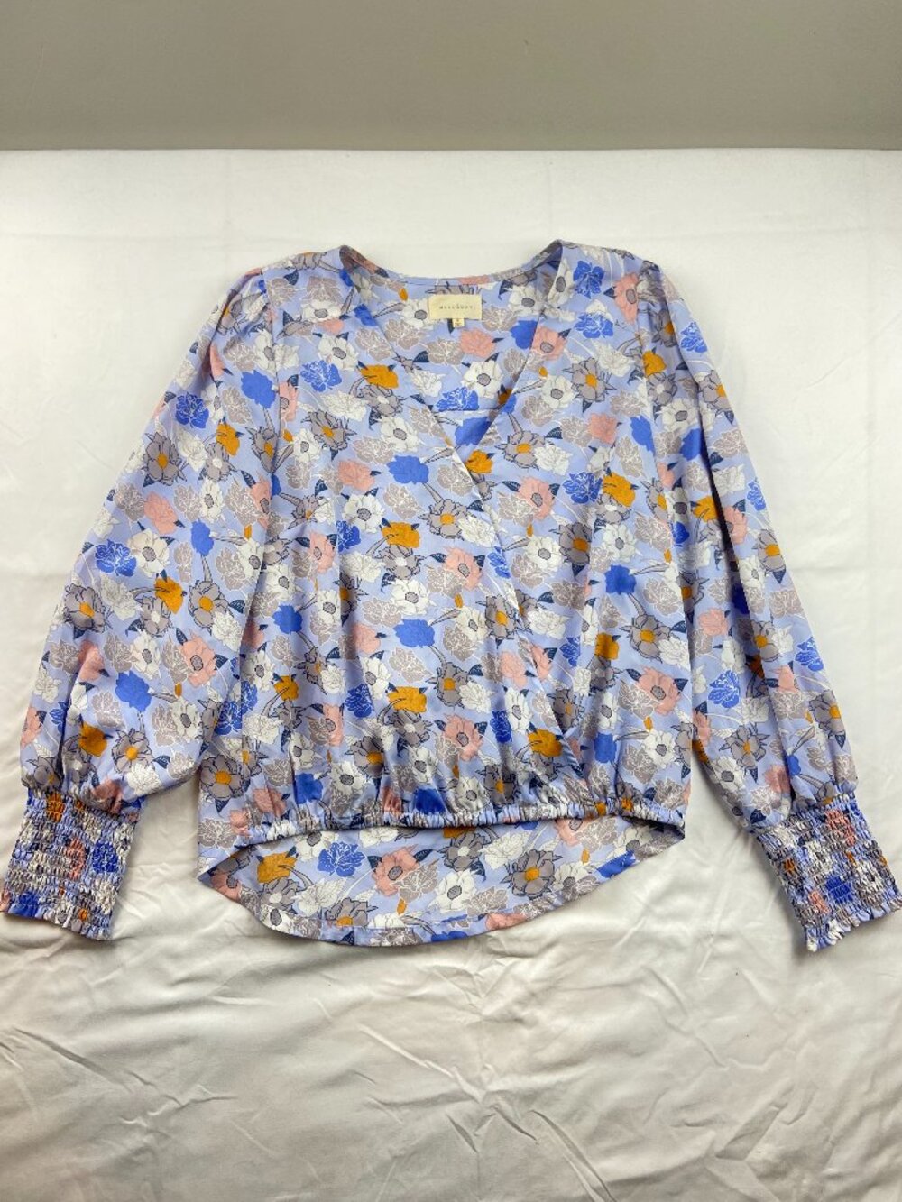 Melloday Faux Wrap Blue Colorul Floral Top Size Small